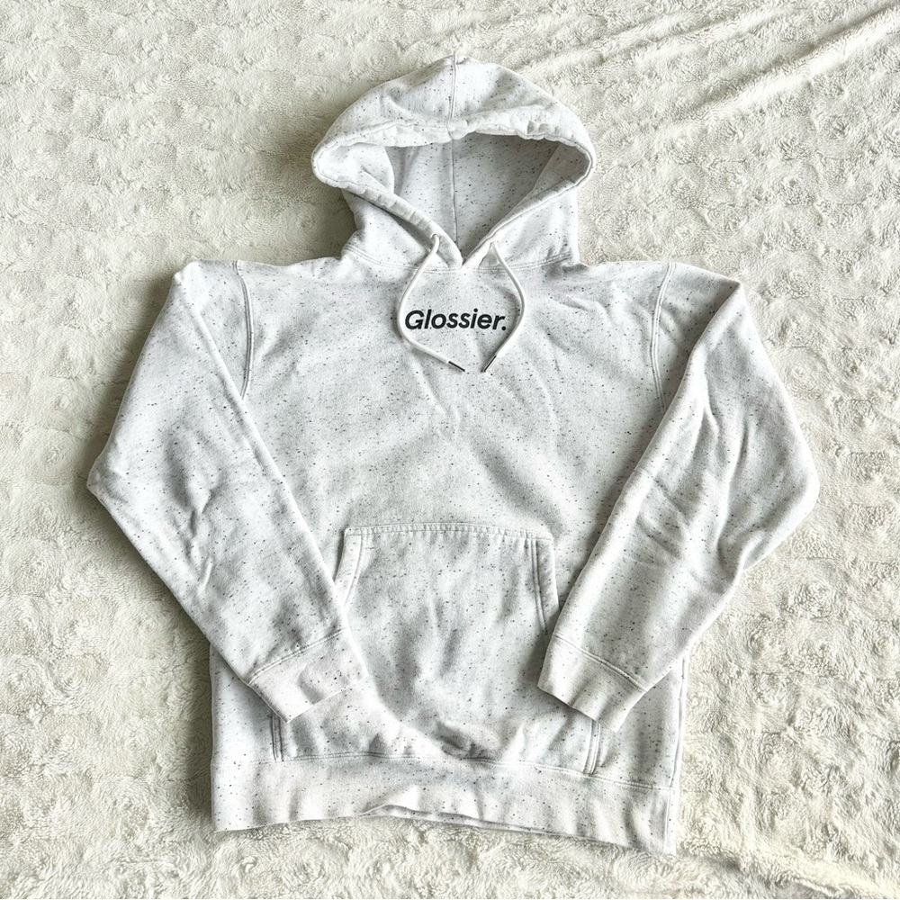 Glossier Hoodie Sweatshirt Womens Small Light Gray Speckled Smiley Logo Terrazzo